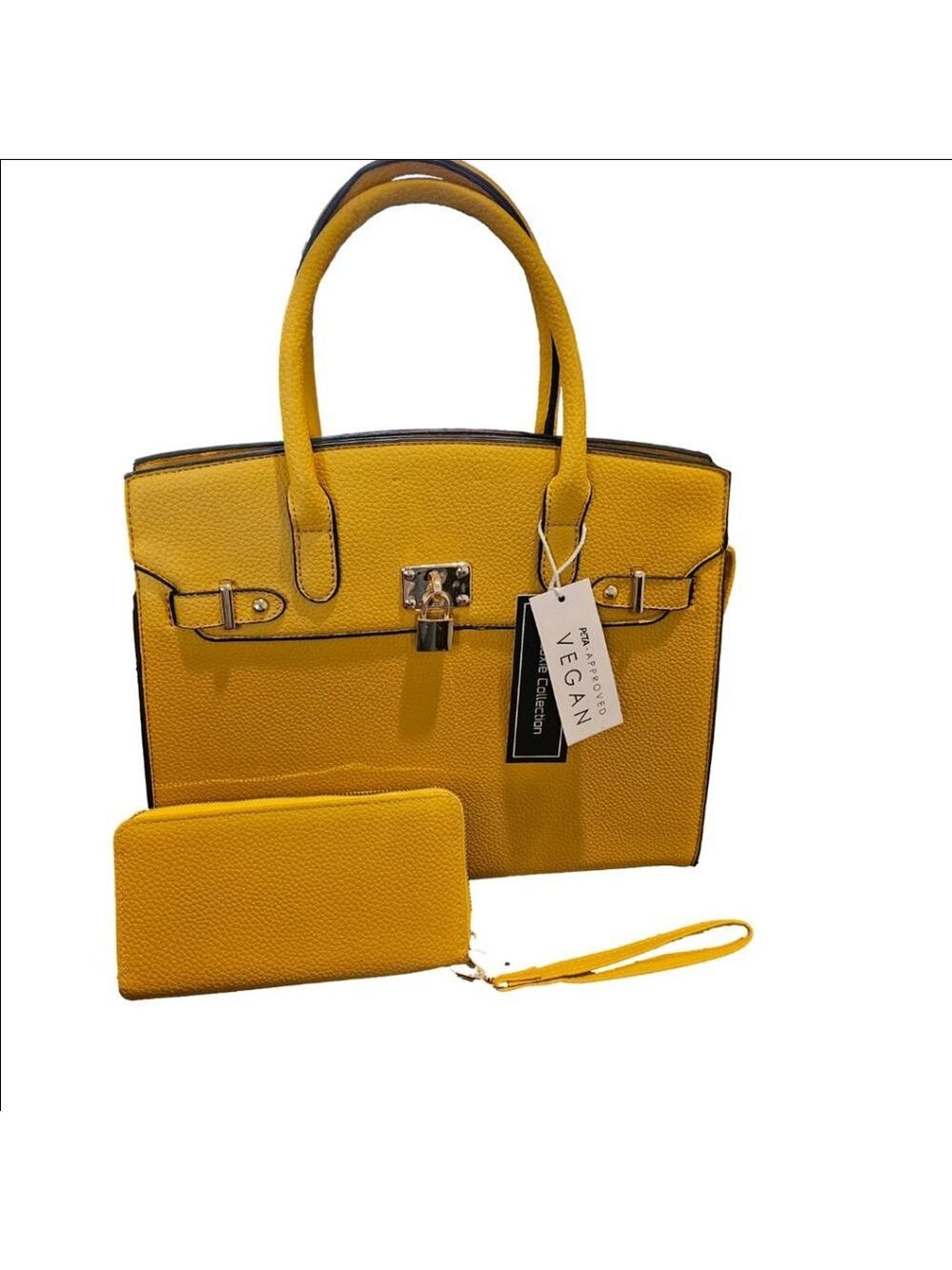 Women's NWT Unbranded Faux Vegan Leather Yellow-Gold 2-Way Handbag & Wallet